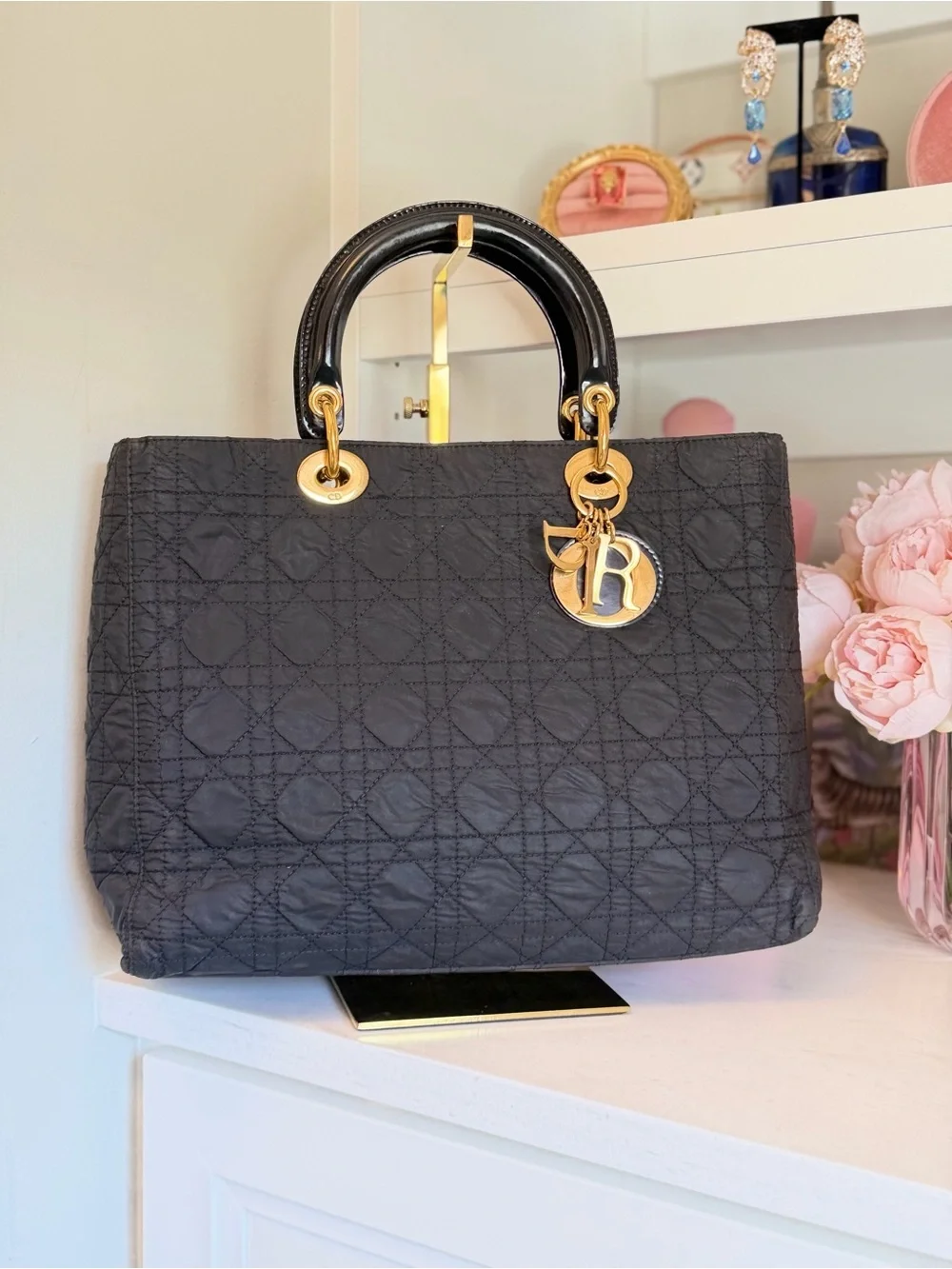 Dior Black Quilted Lady Dior Cannage Satchel Tote Bag gold Dior charm